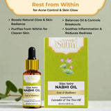 Tejas Sutra Nabhi Oil bottle and packaging on a light green background