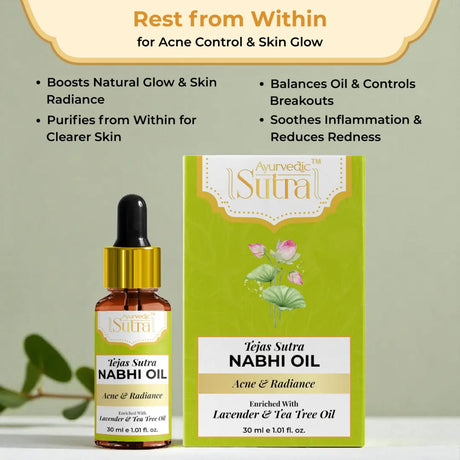 Tejas Sutra Nabhi Oil bottle and packaging on a light green background
