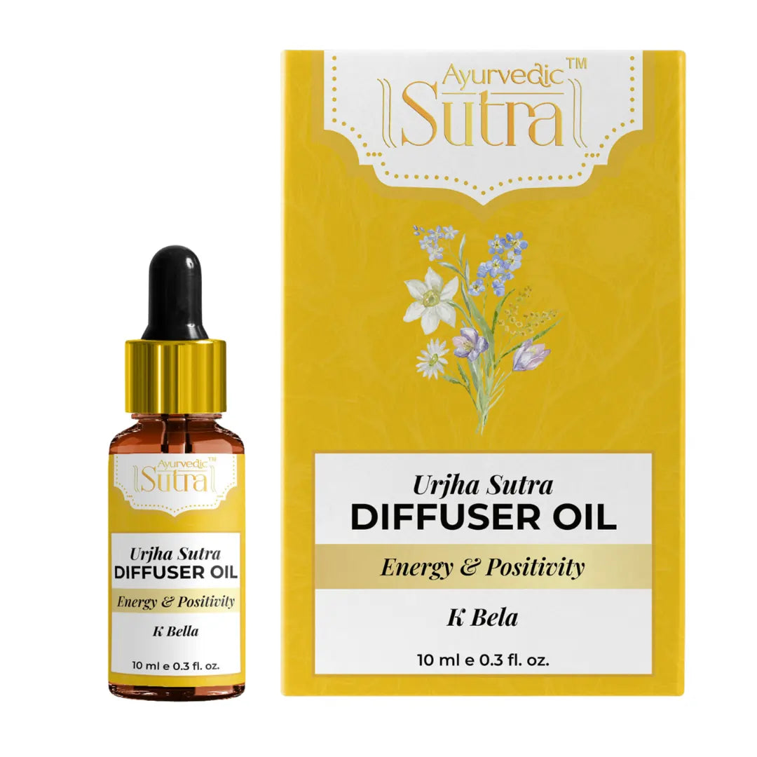 Ayurvedic Sutra Urja Sutra Diffuser Oil bottle and packaging on a white background