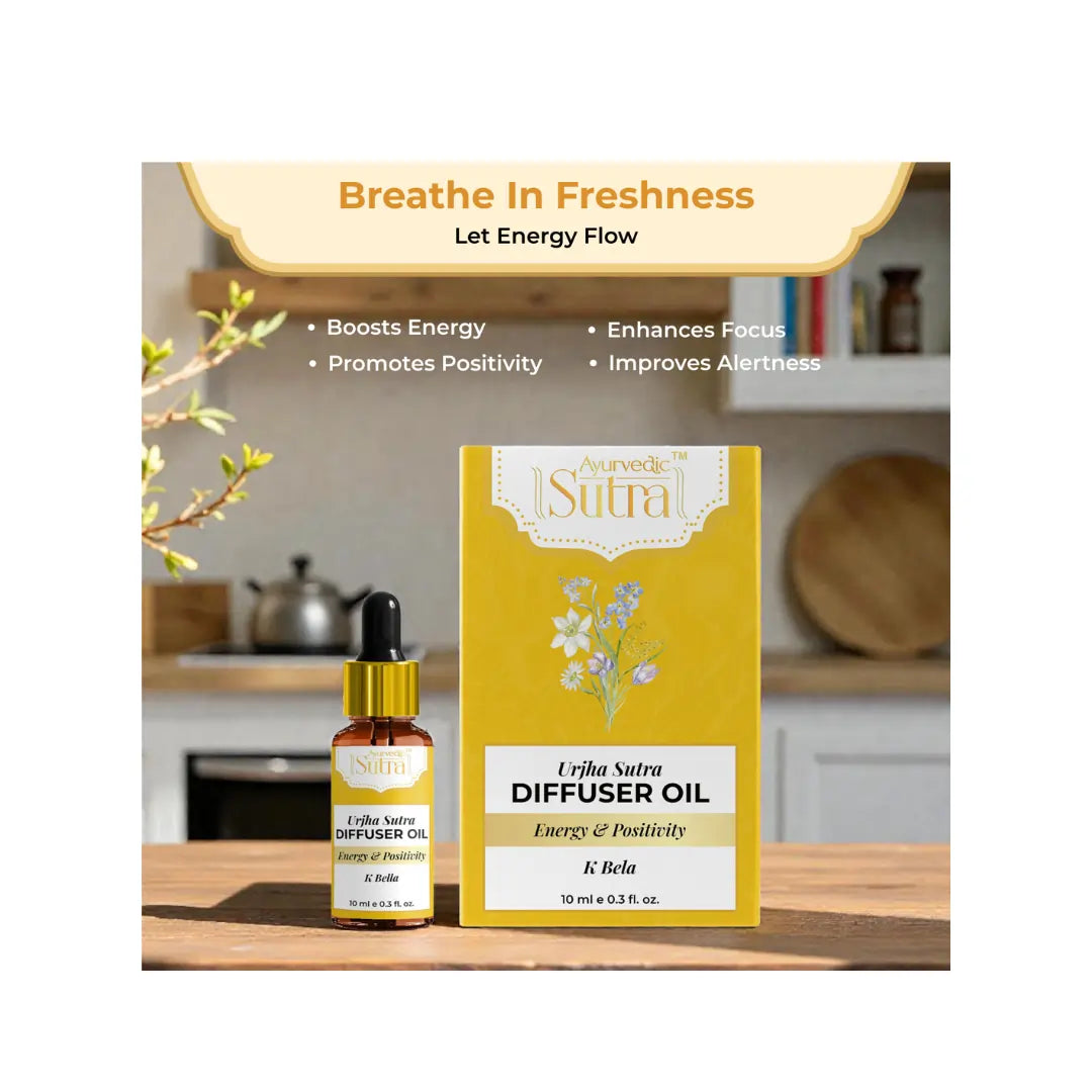Urlha Sutra diffuser oil bottle and packaging on a wooden surface with a kitchen background.