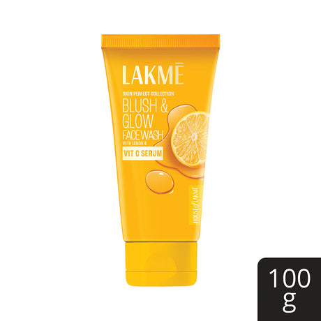Lakme Blush & Glow Face Wash tube with lemon graphic on a white background