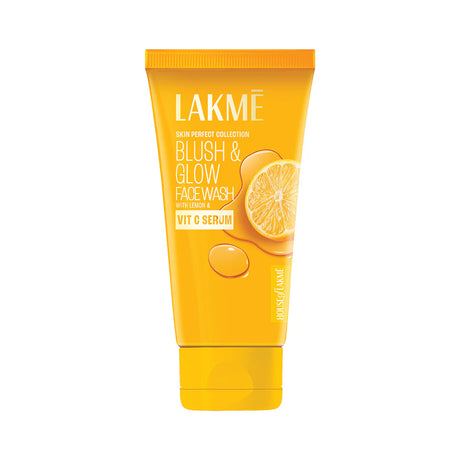 Lakme Blush & Glow Face Wash tube with lemon slice design on a white background