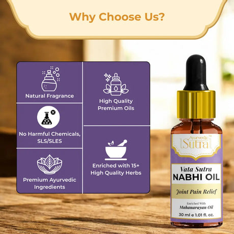 Vata Sutra Nabhi Oil bottle with features listed on a wooden surface
