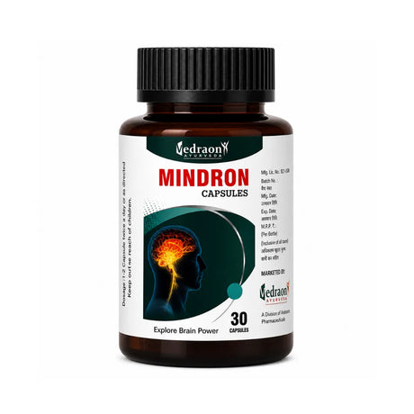 Bottle of Vedraon Mindron Capsules on a white background