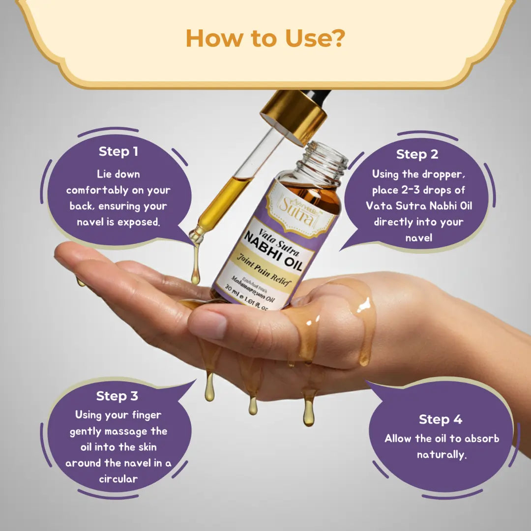 Vata Sutra Nabhá oil dropper with usage instructions on a gray background