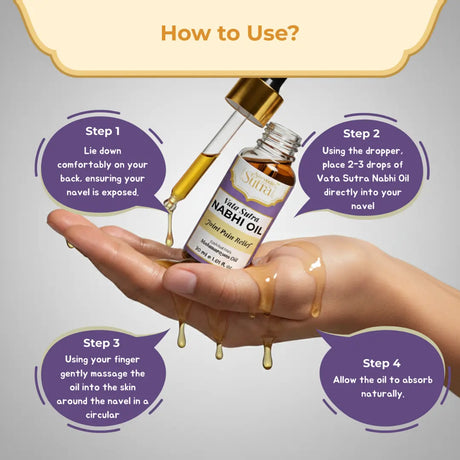 Vata Sutra Nabhá oil dropper with usage instructions on a gray background
