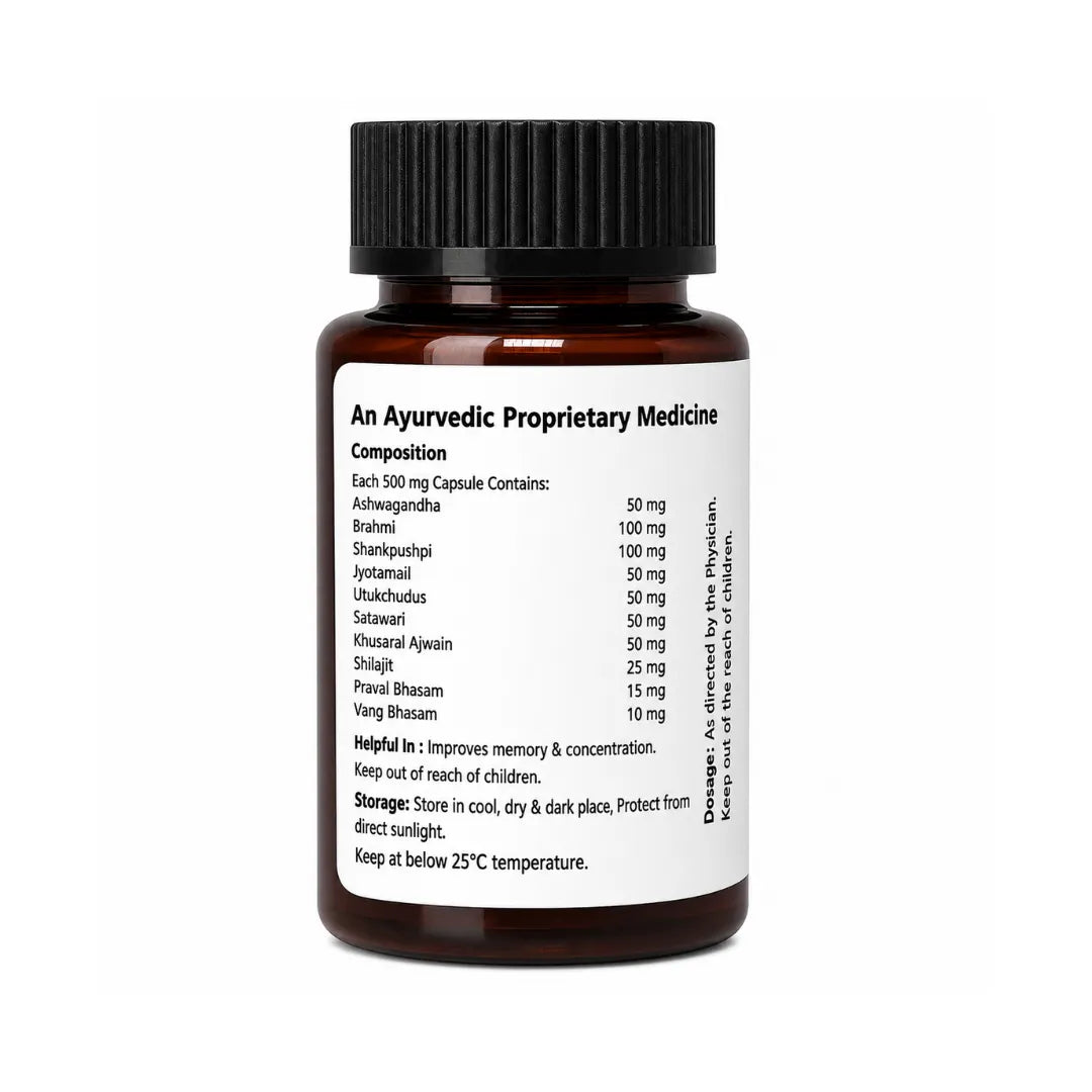 Brown bottle with black cap and white label on a white background