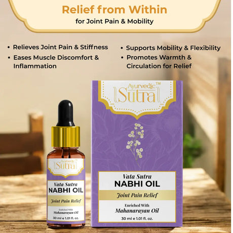 Vata Sutra Nabhi Oil packaging with bottle on a wooden surface