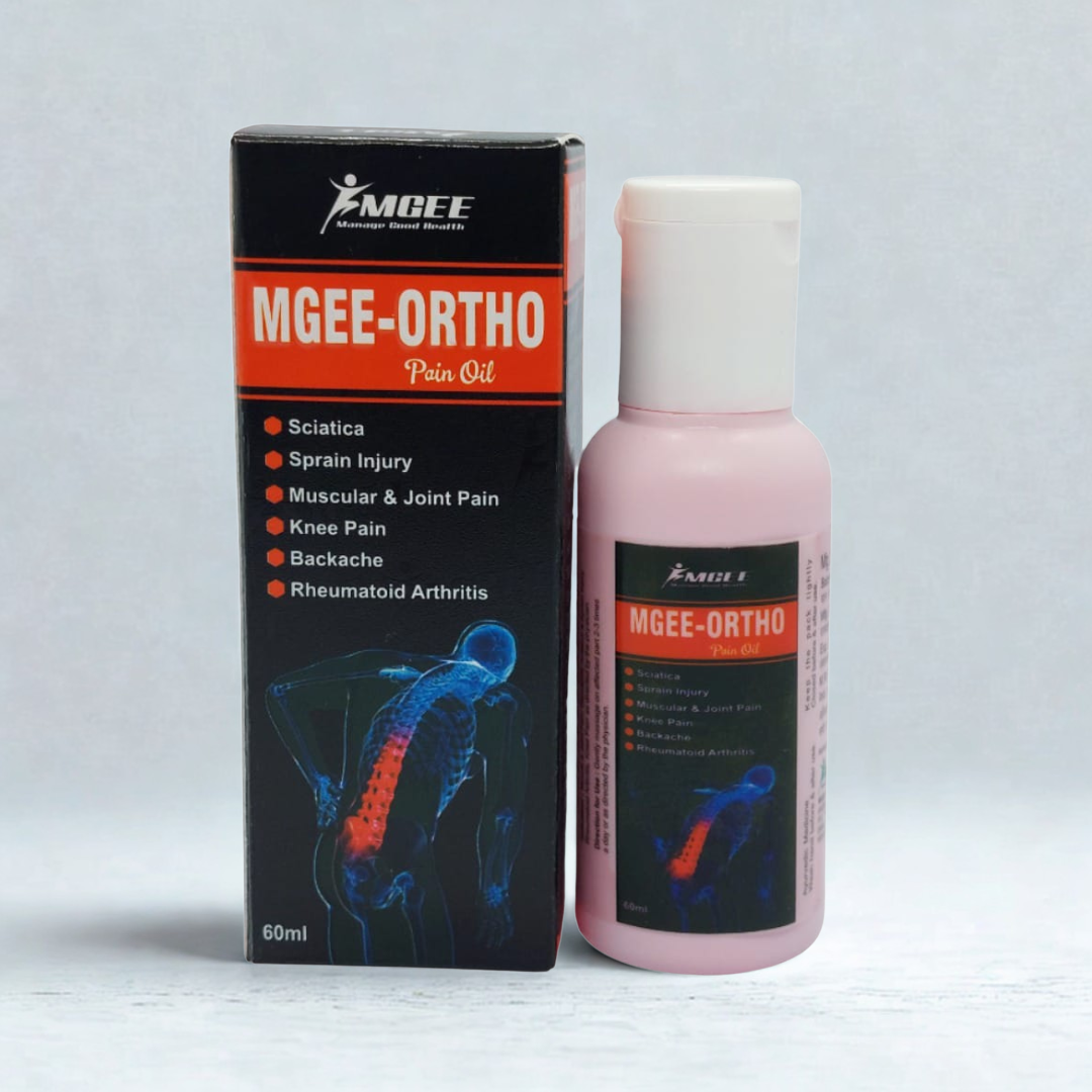 Mgee-Ortho pain oil packaging and bottle on a light gray background
