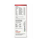 Back view of a red and white supplement packaging with text and logos.