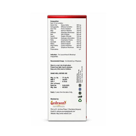 Back view of a red and white supplement packaging with text and logos.