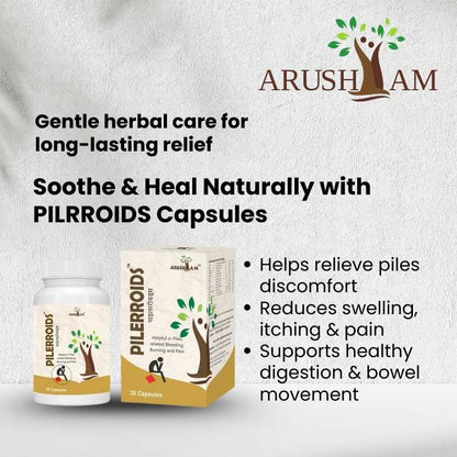 PILRROIDS capsules packaging with Arusham branding and product description on a light gray background