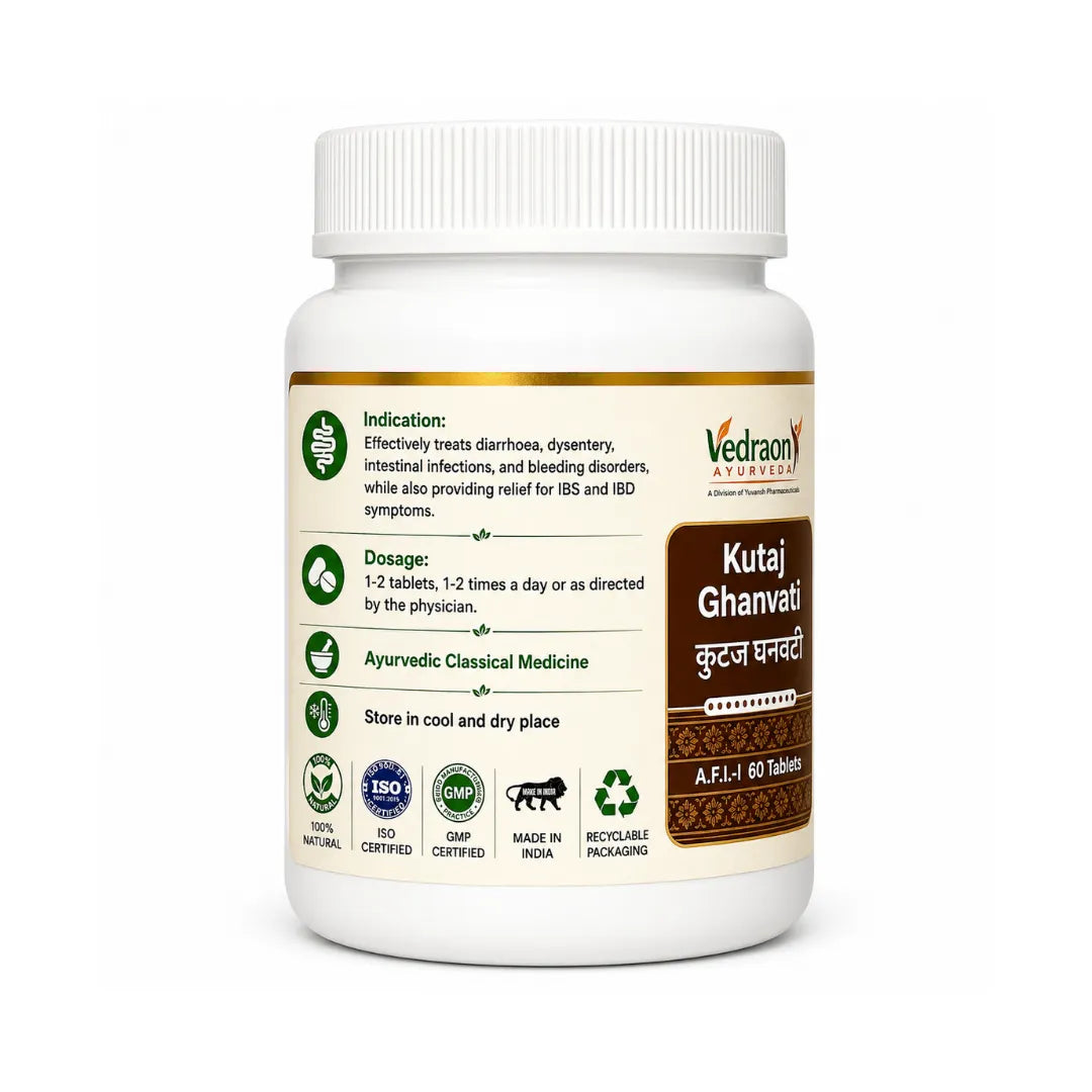 Ayurvedic Kutaj Ghanvati tablet bottle on a white background