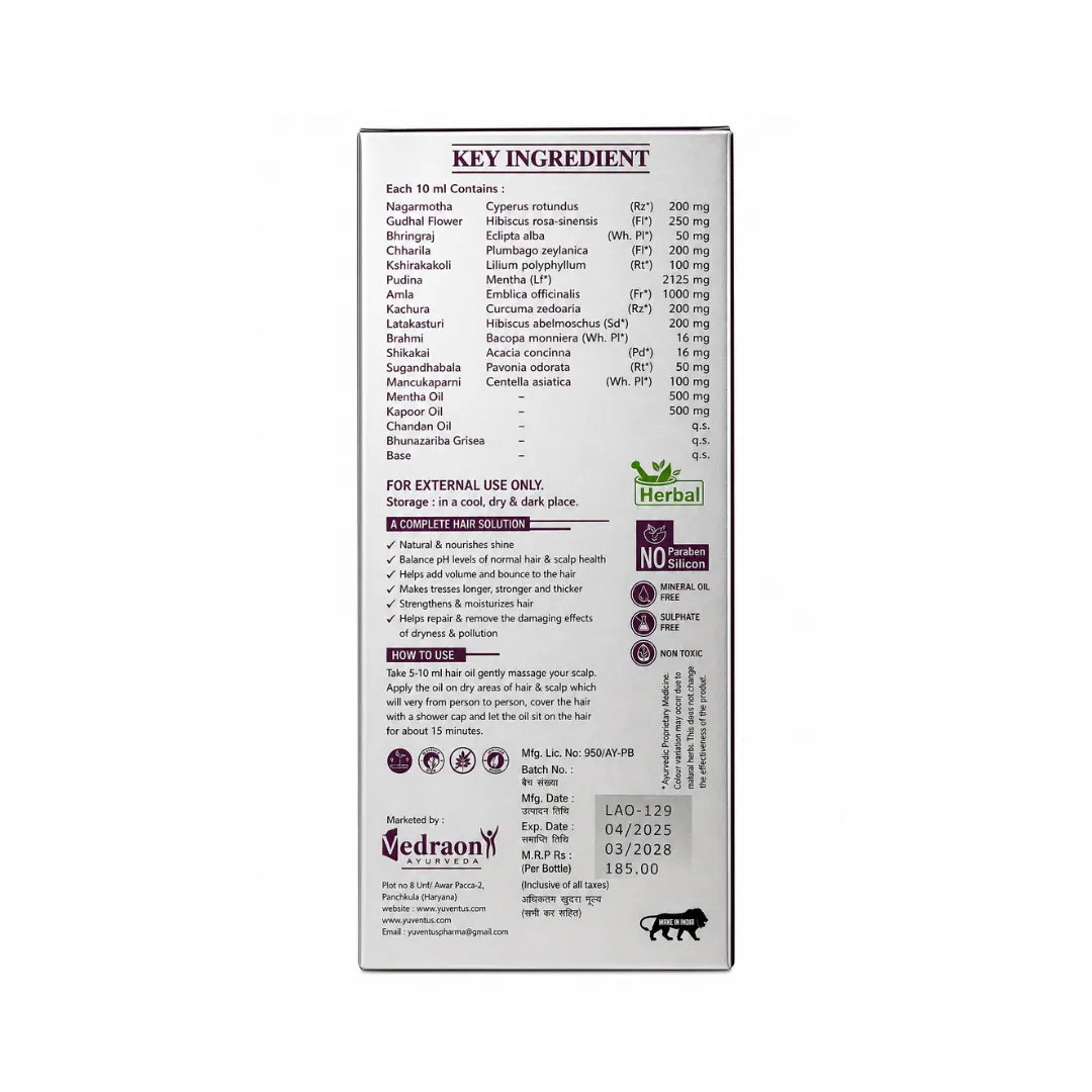Back label of a herbal product with key ingredients and usage instructions on a white background