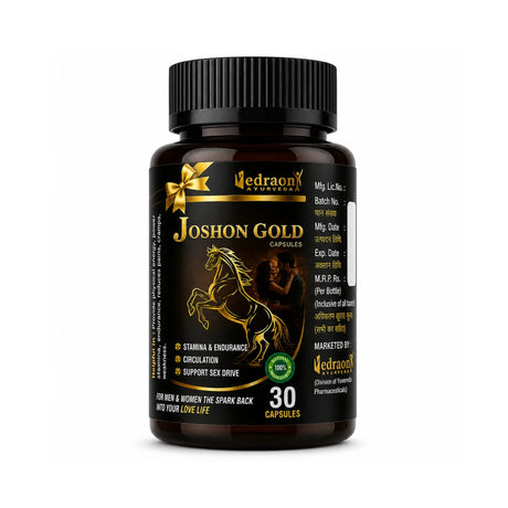 Bottle of Vedraon Ayurveda Joshon Gold capsules on a white background