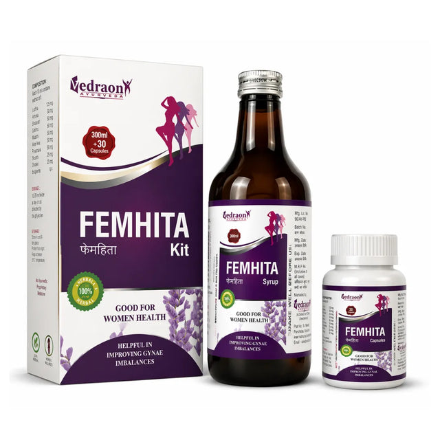 Vedraon Femhita Kit with syrup, capsule, and box on a white background