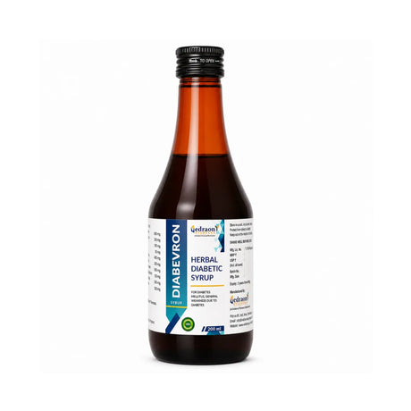 Bottle of Diabevron Herbal Diabetic Syrup on a white background