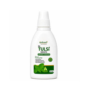 Bottle of Tulsi Drops immune booster on a white background