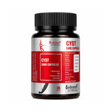 Bottle of cyst care capsules with a red label on a white background