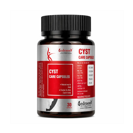 Bottle of cyst care capsules with a red label on a white background