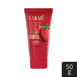 Red tube of Lakme Blush & Glow Face Wash with strawberry illustration on a white background