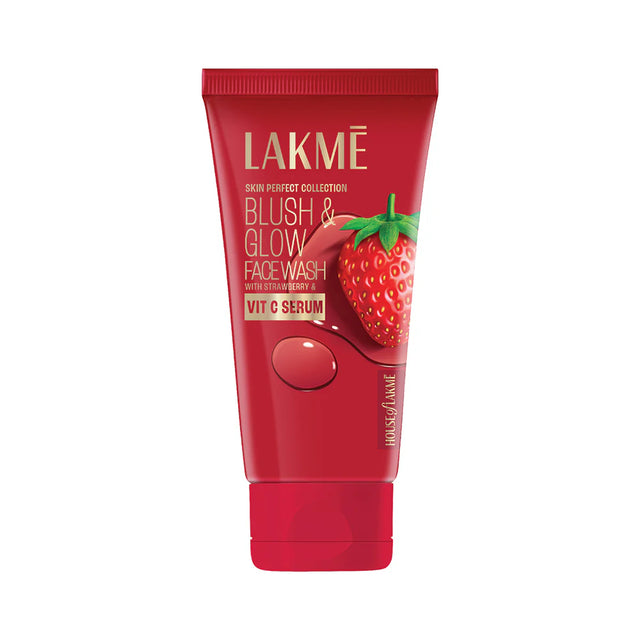Lakme Blush & Glow Face Wash tube with strawberry illustration on a white background