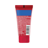 Red and blue tube with text and a barcode on a white background