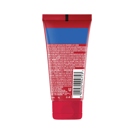 Red and blue tube with text and a barcode on a white background
