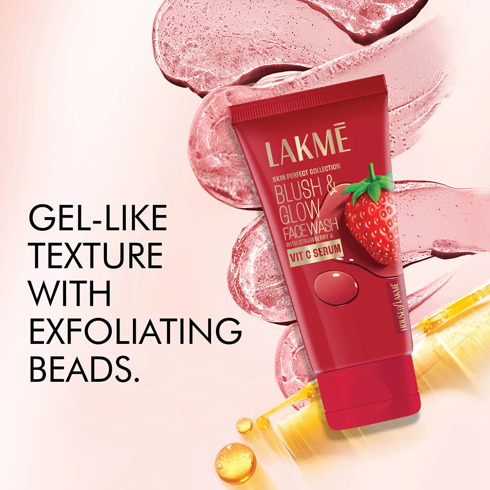 Lakme face wash tube with strawberry design on a pink background