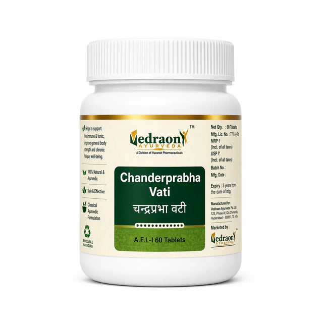 Vedraon Ayurveda Chanderprabha Vati tablet bottle on a white background