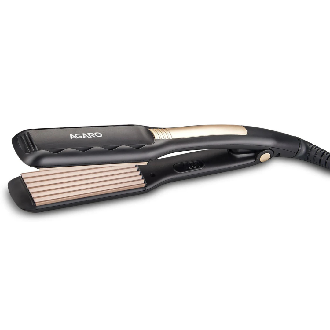 Black and gold hair straightener with 'AGARO' branding on a white background