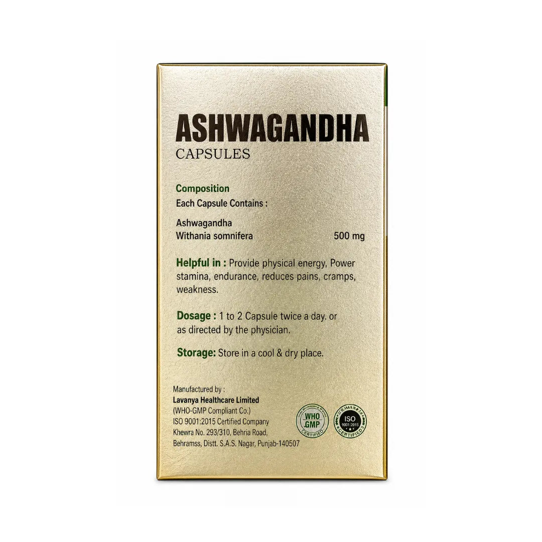 Box of Ashwagandha capsules with product details on a white background