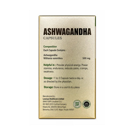 Box of Ashwagandha capsules with product details on a white background