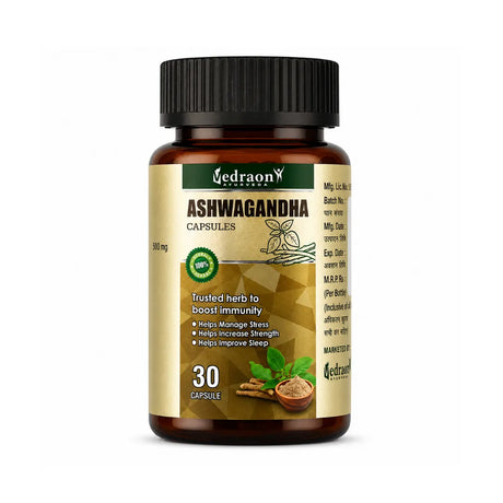 Bottle of Vedraon Ashwagandha capsules on a white background