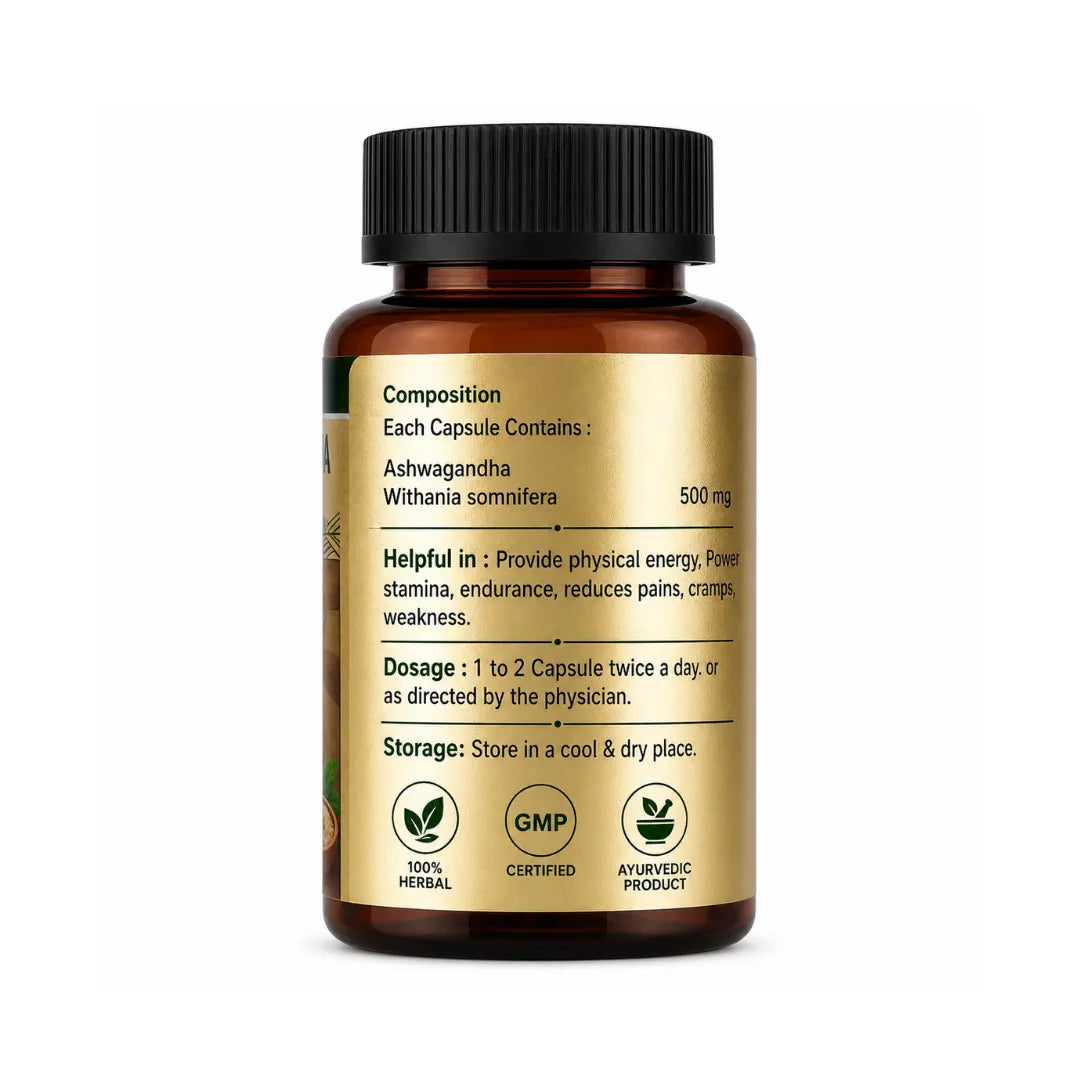 Bottle of Ashwagandha supplement with label on a white background