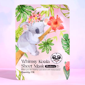 Whimsy Koala sheet mask packaging with a koala on a branch, flowers, and leaves on a pink background.