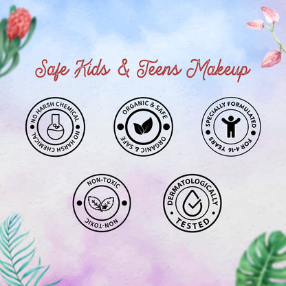 Certification logos for safe kids and teens makeup on a colorful background with plants.