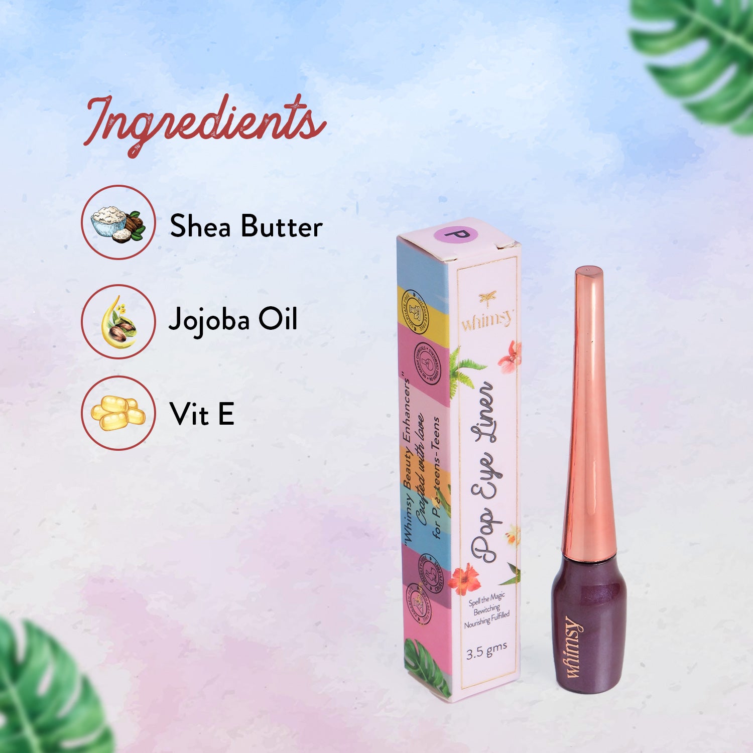 Eye serum with packaging and ingredients listed on a colorful background