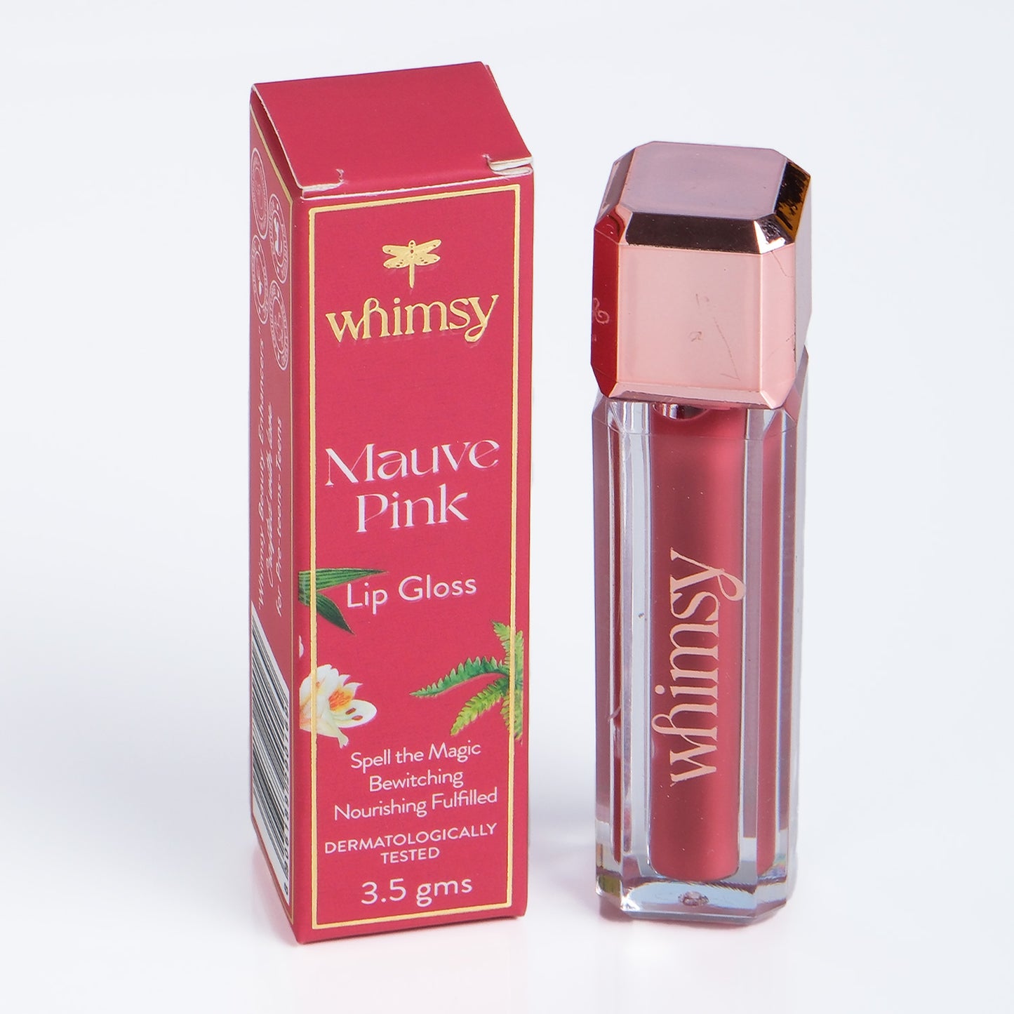 Lip gloss with packaging labeled 'whimsy' on a white background