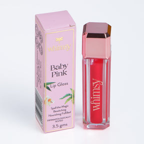 Red lip gloss with pink packaging labeled 'whimsy' on a white background