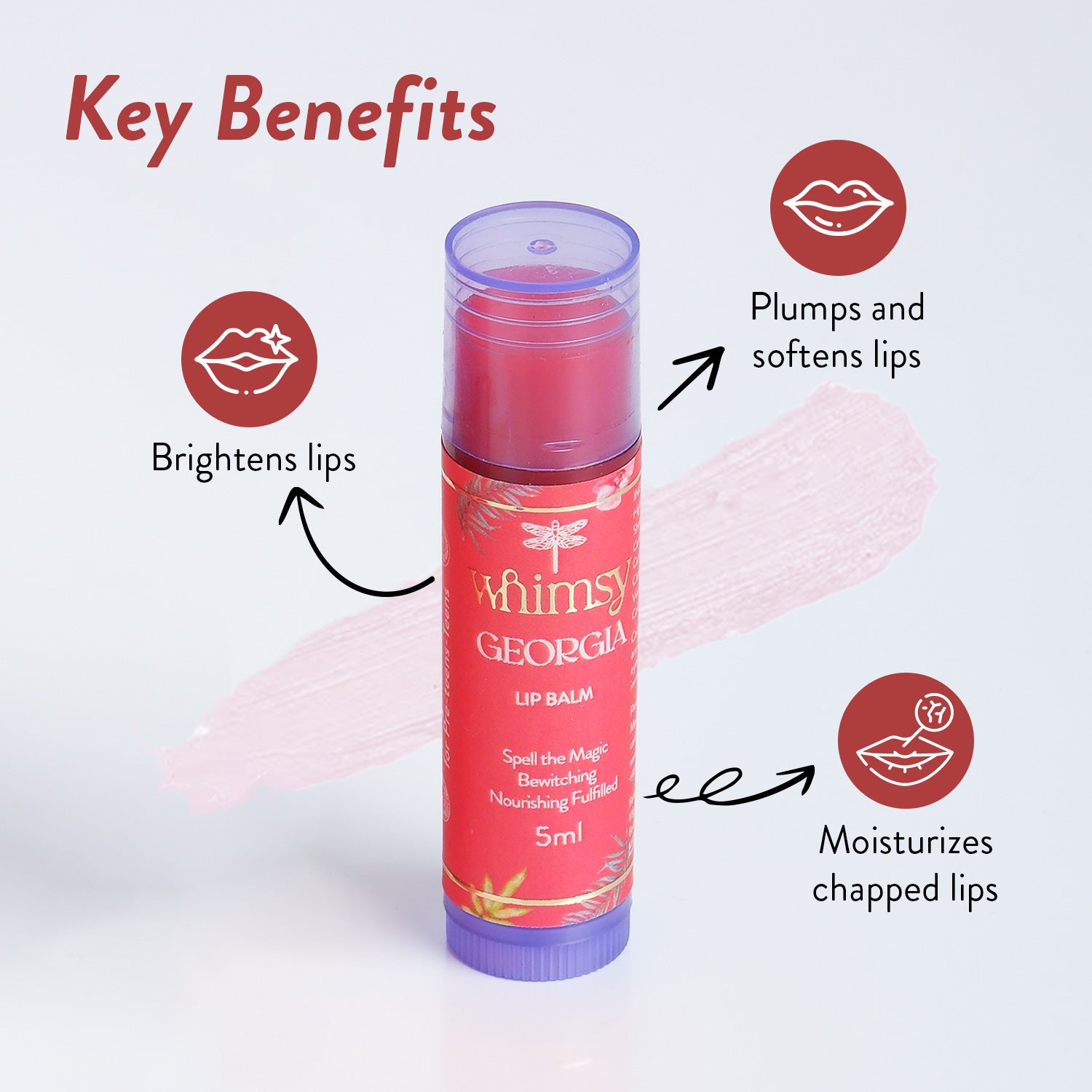 Lip balm with key benefits highlighted on a light background