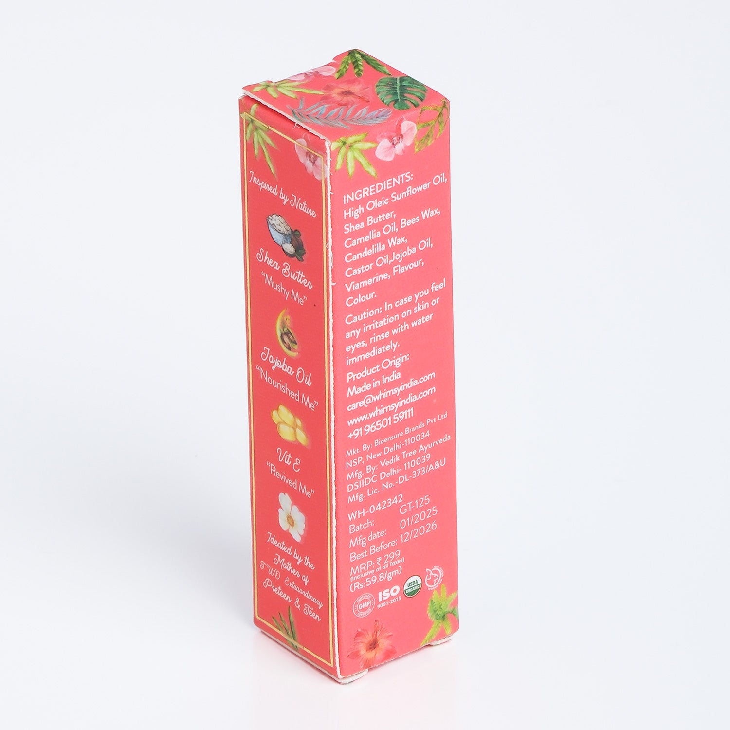 Pink box with tropical designs and text on a white background