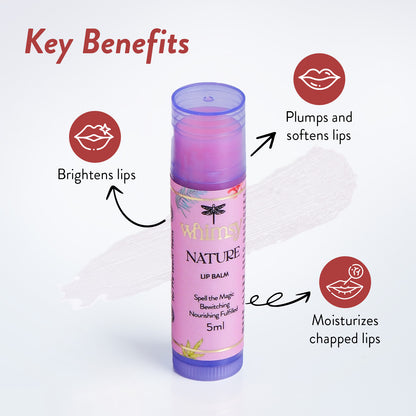 Lip balm with key benefits highlighted on a white background