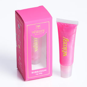 Pink lip jelly with packaging labeled 'whimsy' on a white background