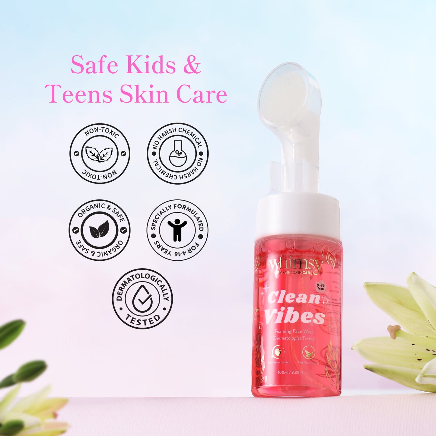 Pink skincare dropper bottle with 'clean vibes' text on a light blue background with certification icons.