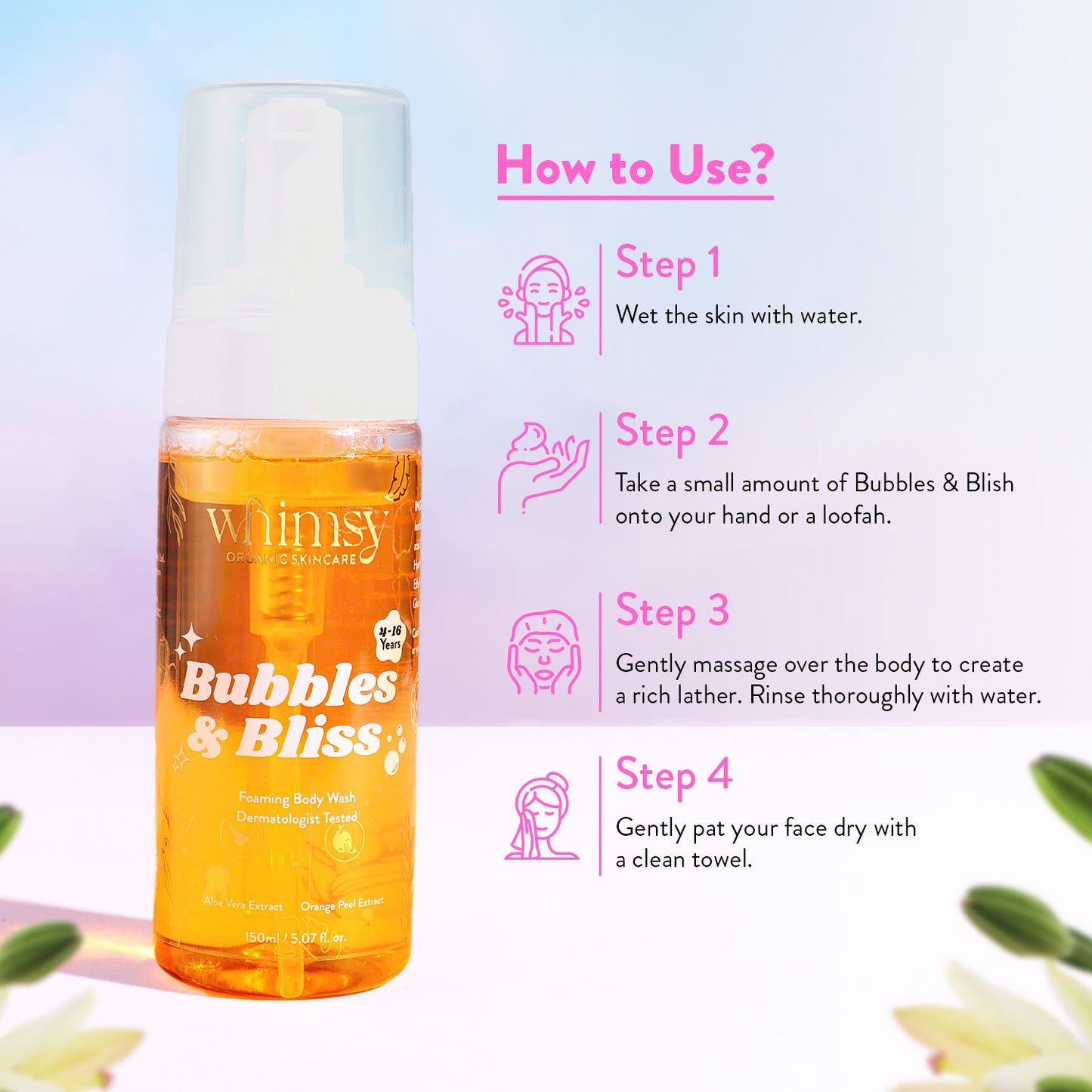 Orange bottle of 'Bubbles & Bliss' with usage instructions on a light purple background