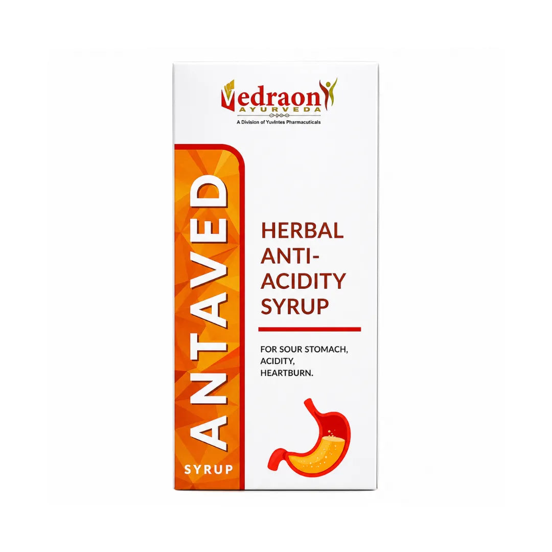 Vedraon Antaved Herbal Anti-Acidity Syrup packaging on a white background