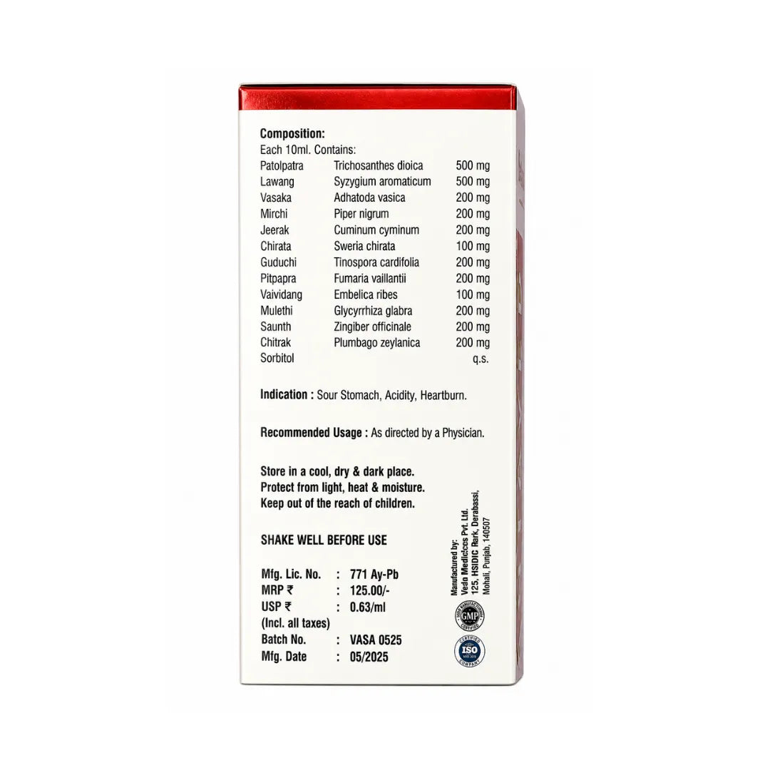 Back view of a red and white container with text on a white background