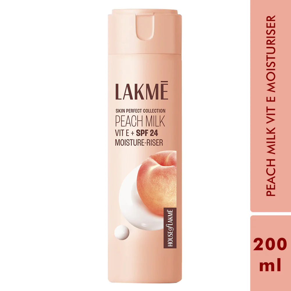 Lakme Peach Milk Vitamin E + SPF 24 Moisture Riser bottle on a white background