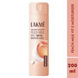 Lakme Peach Milk Vitamin E + SPF 24 Moisture Riser bottle on a white background